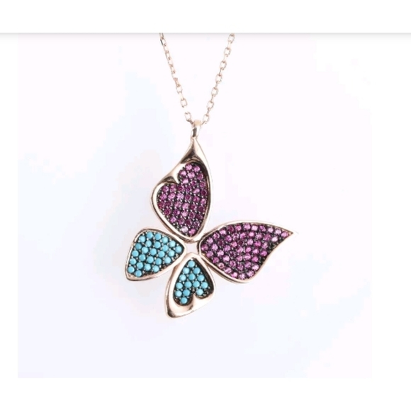 Ruby & turquoise rise gold butterfly necklace - Picture 3 of 3